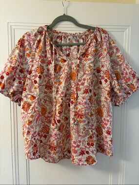 Knox Rose Womens XL Floral Peasant Blouse Pink Orange Cotton Tassel Puff Sleeve